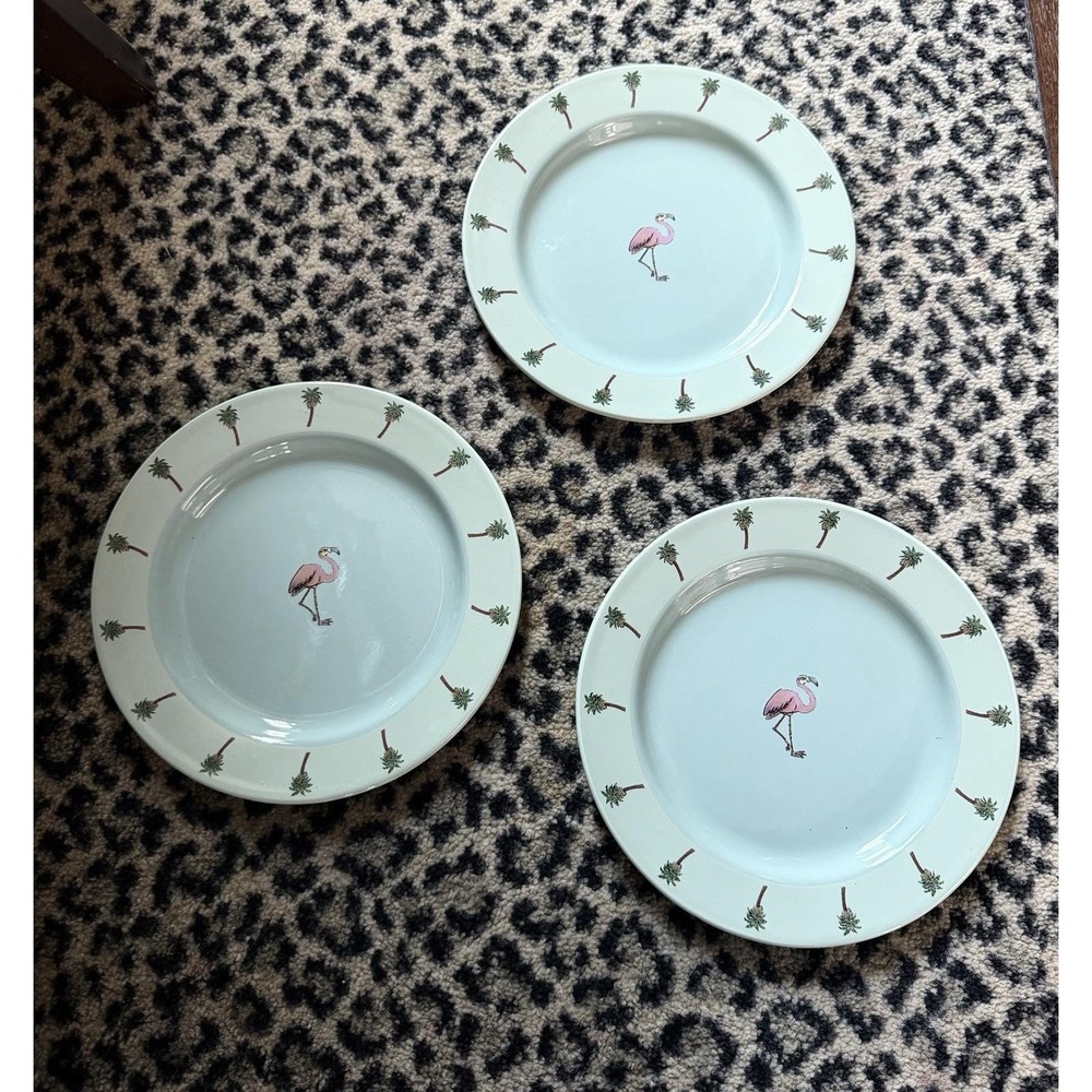 Marble Canyon Enamelware Set 3 Salad Plates Flamingo PalmTree Teal Blue 8.5" VTG